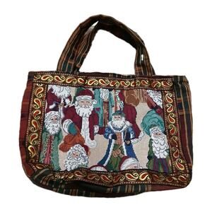 Vintage Tapestry Christmas Santa Tote Bag Holiday Plaid Striped Fabric Hook Loop